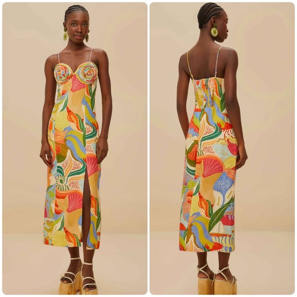 FARM Rio Dresses & Skirts - Farm Rio S Multicolor Ocean View Twisted Cups Euroflax Premium Linen Midi Dress